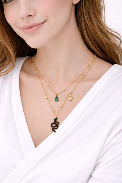 Snake pendent green stone layered necklace
