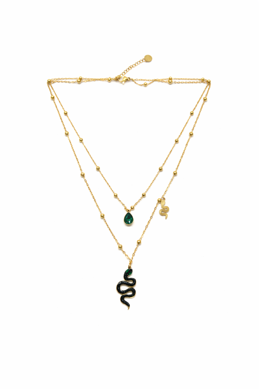 Snake pendent green stone layered necklace