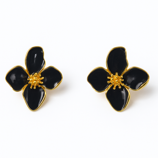 Black flower golden earring
