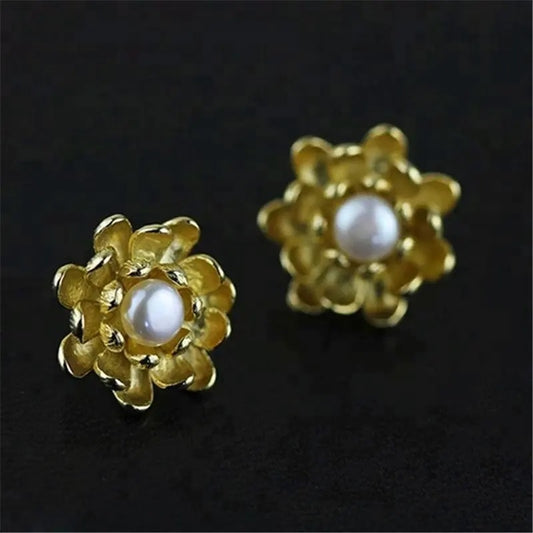 Lotus flower stud earring with pearl