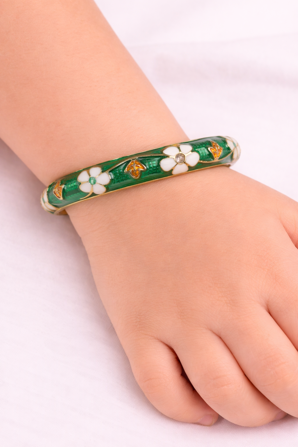 White Flower Design Green Small Kada Bracelet