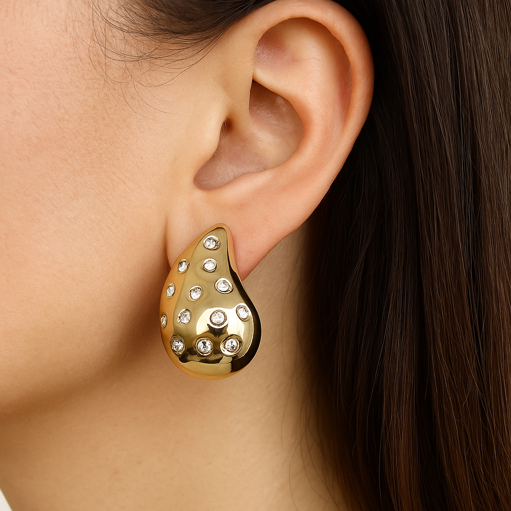 Gold rain drop earring stud with small diamonds