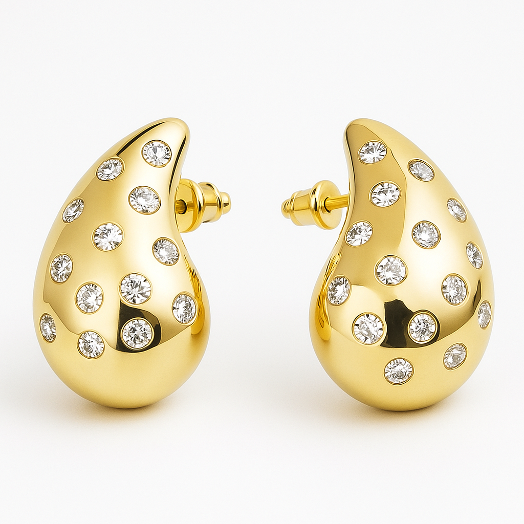 Gold rain drop earring stud with small diamonds