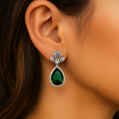 Emerald green drop diamond earrings