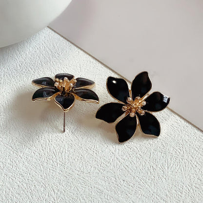 Trendy Enamel Black Alloy Flower Big Petal Earrings