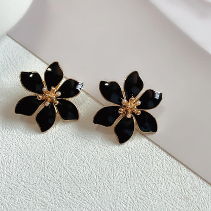 Trendy Enamel Black Alloy Flower Big Petal Earrings