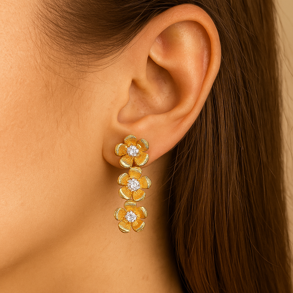 Gold Plated Three Layers Of Flower Style Earring
