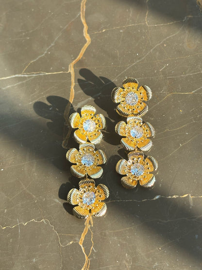 Gold Plated Three Layers Of Flower Style Earring