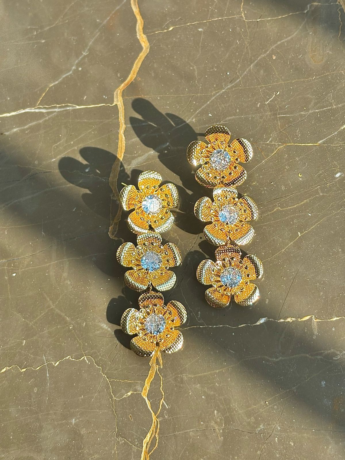 Gold Plated Three Layers Of Flower Style Earring