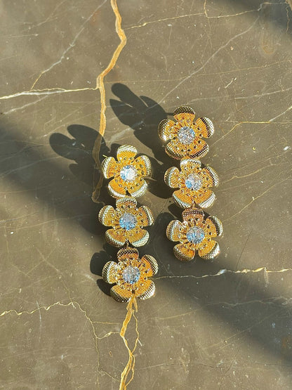 Gold Plated Three Layers Of Flower Style Earring
