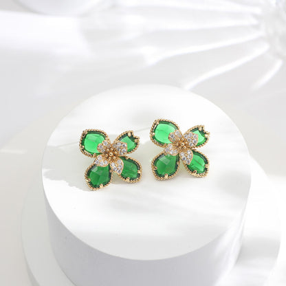 Charming Green Flower Zirconia Diamonds Gold Stud Earring