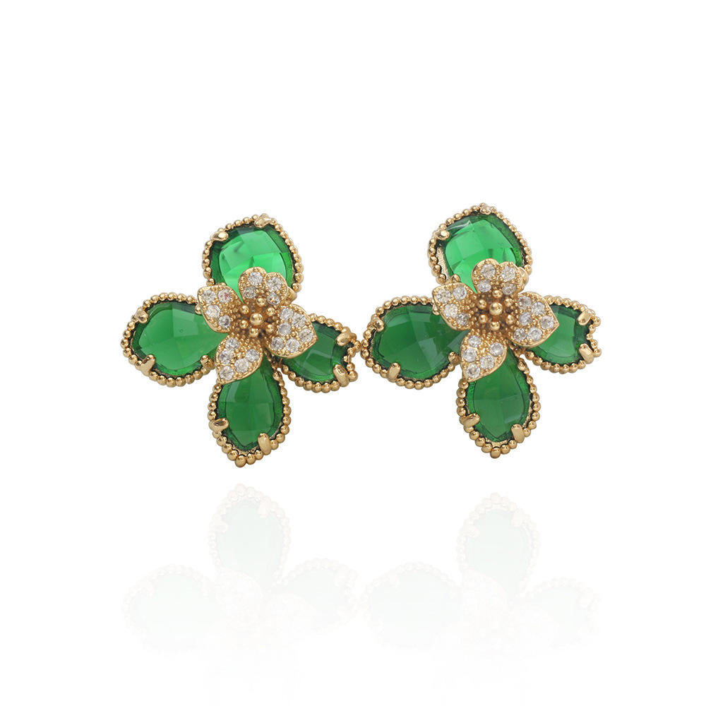 Charming Green Flower Zirconia Diamonds Gold Stud Earring