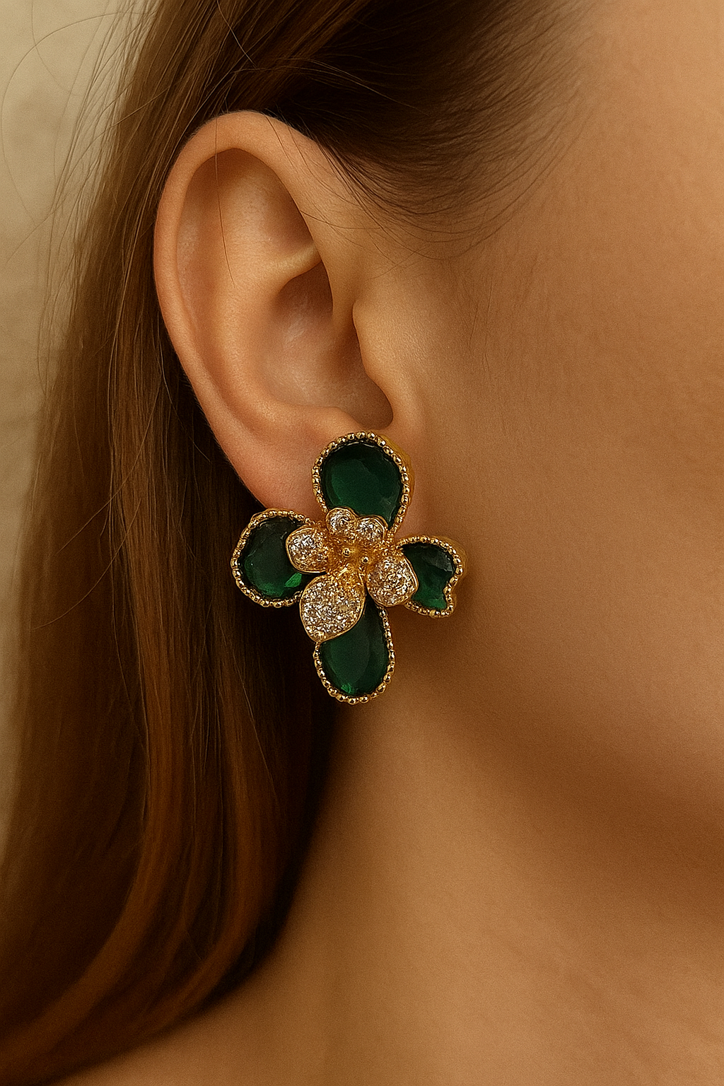 Charming Green Flower Zirconia Diamonds Gold Stud Earring