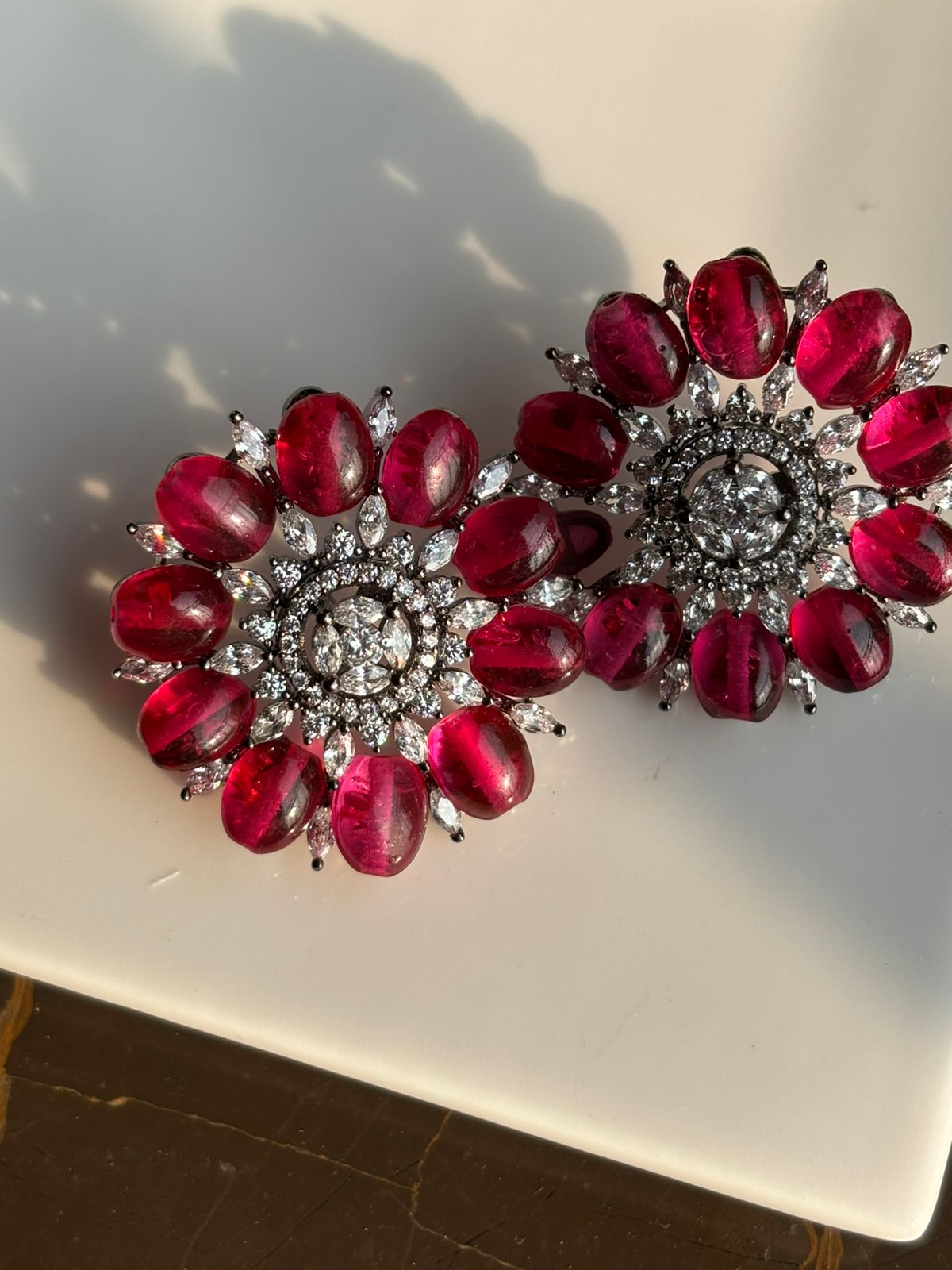 Sunflower Style Zirconia With Red Stone Stud Earring