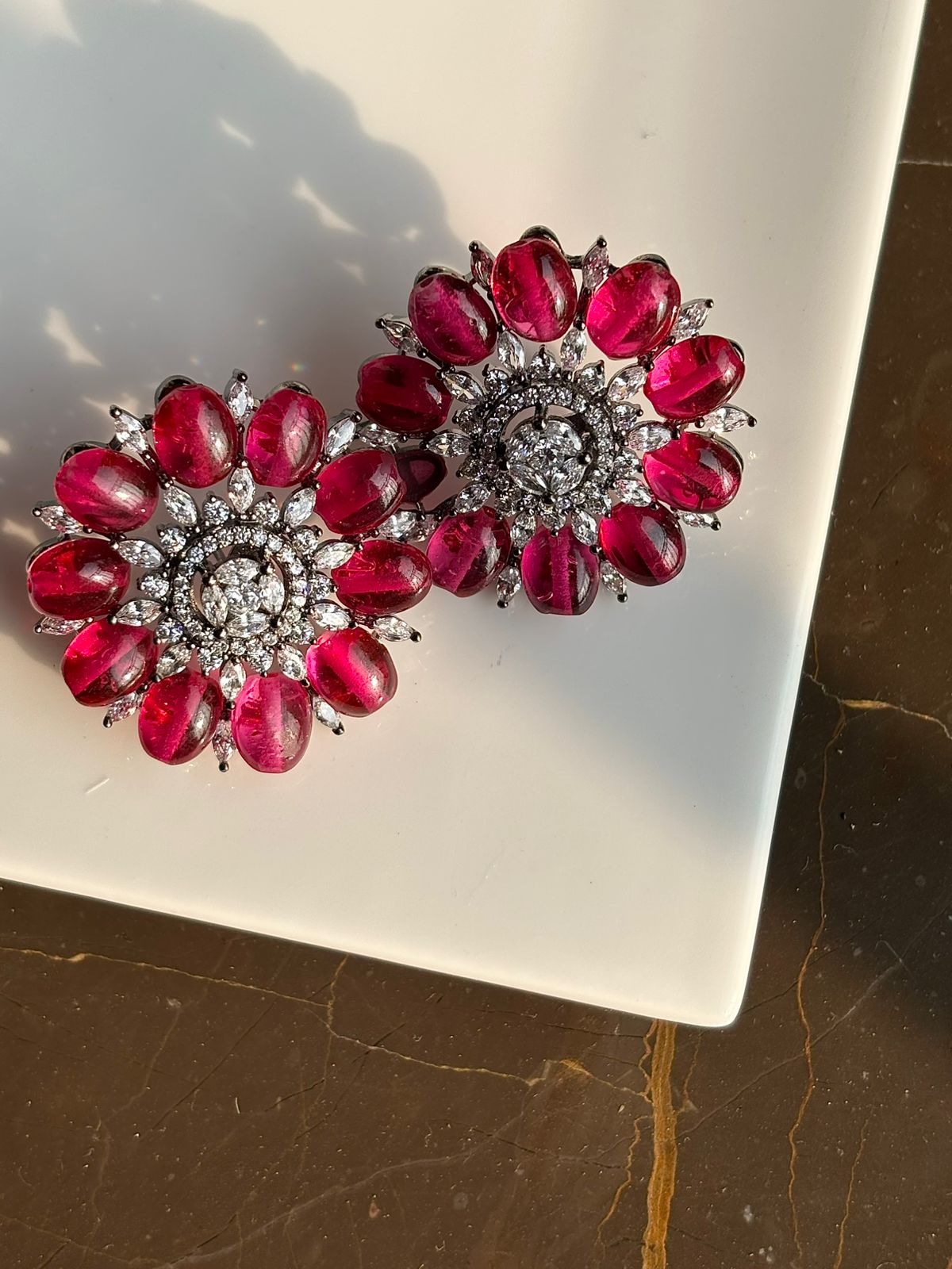 Sunflower Style Zirconia With Red Stone Stud Earring