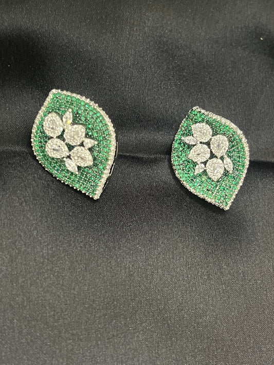 Green leave style stud earring with green tourmaline