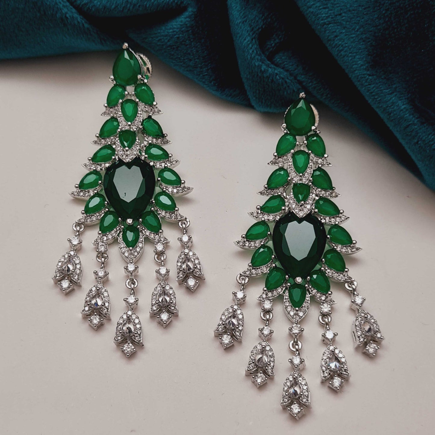 Luxury style green zirconia silver plated tassel earring