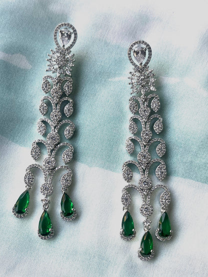 Emerald  green silver multi layer long earring