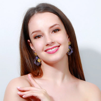 yellow & purple colour cubic zirconia stone cluster flower long dangle earring for girls