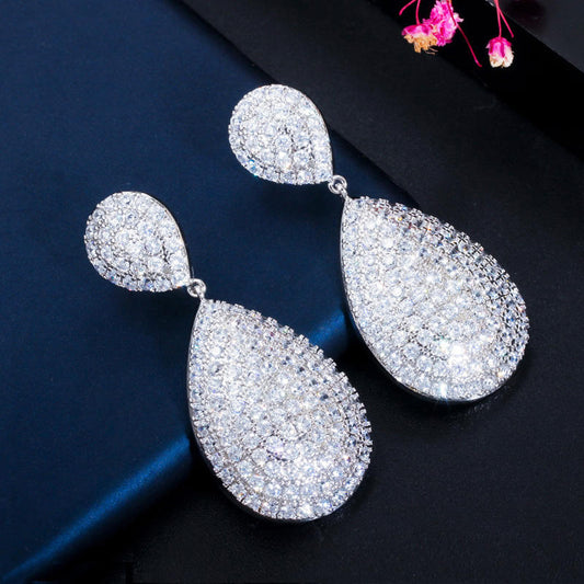 White gold plated micro cubic zirconia teardrop dangle earring for women