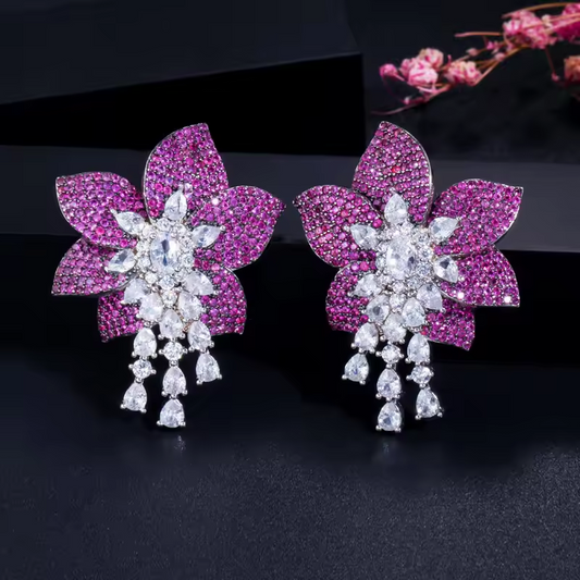 Rose Red Cubic Zirconia Tassel Large Flower Shaped Party earring for girls