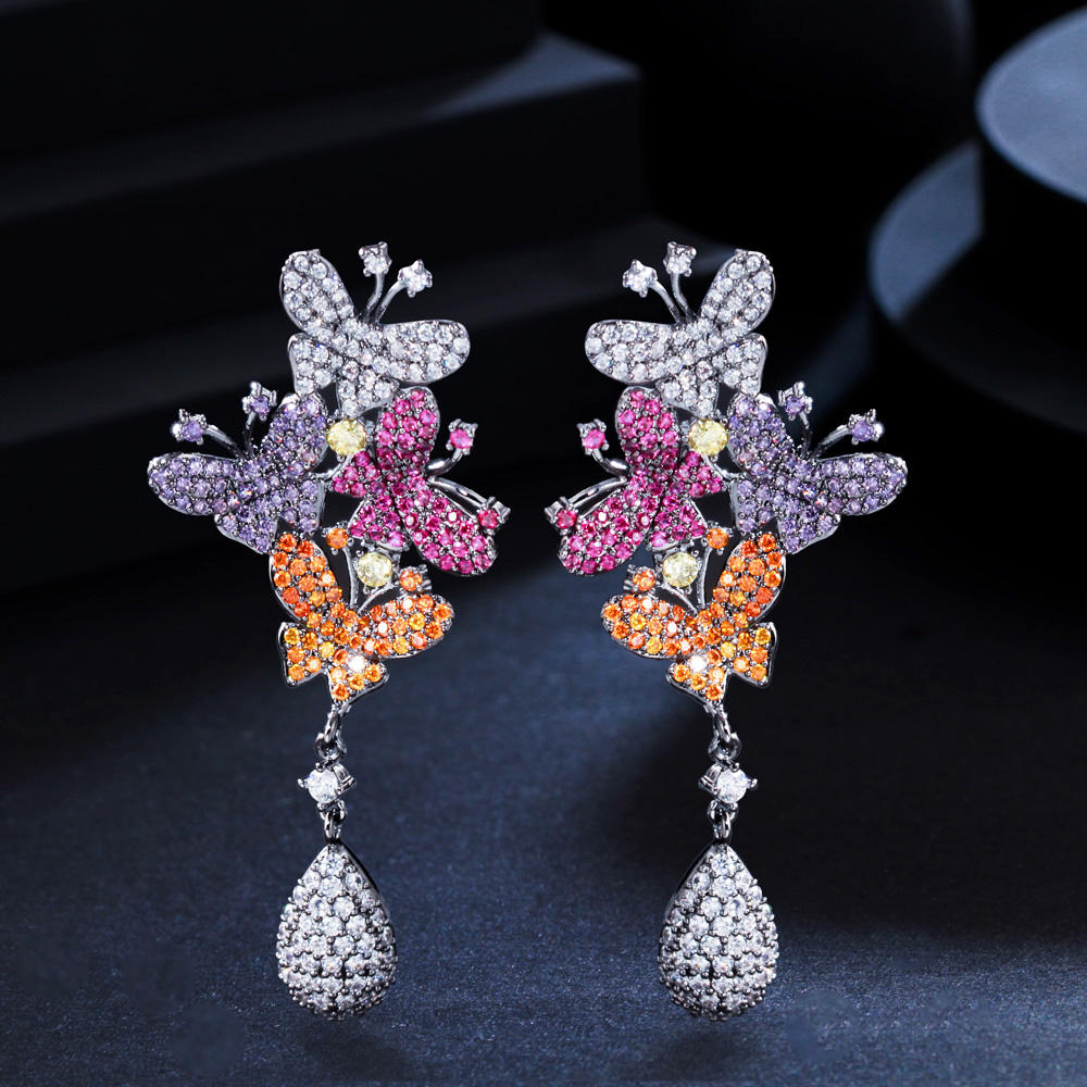 Elegant micro cubic stone purple red long butterfly drop earring for women