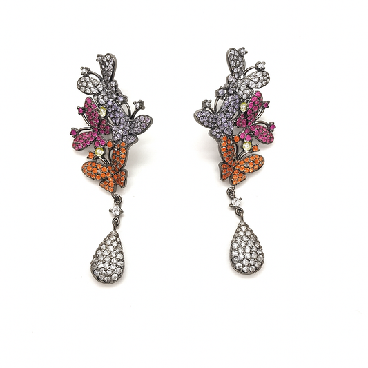 Elegant micro cubic stone purple red long butterfly drop earring for women