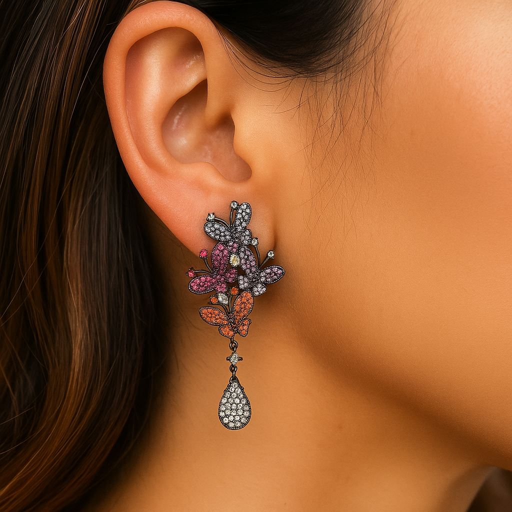 Elegant micro cubic stone purple red long butterfly drop earring for women
