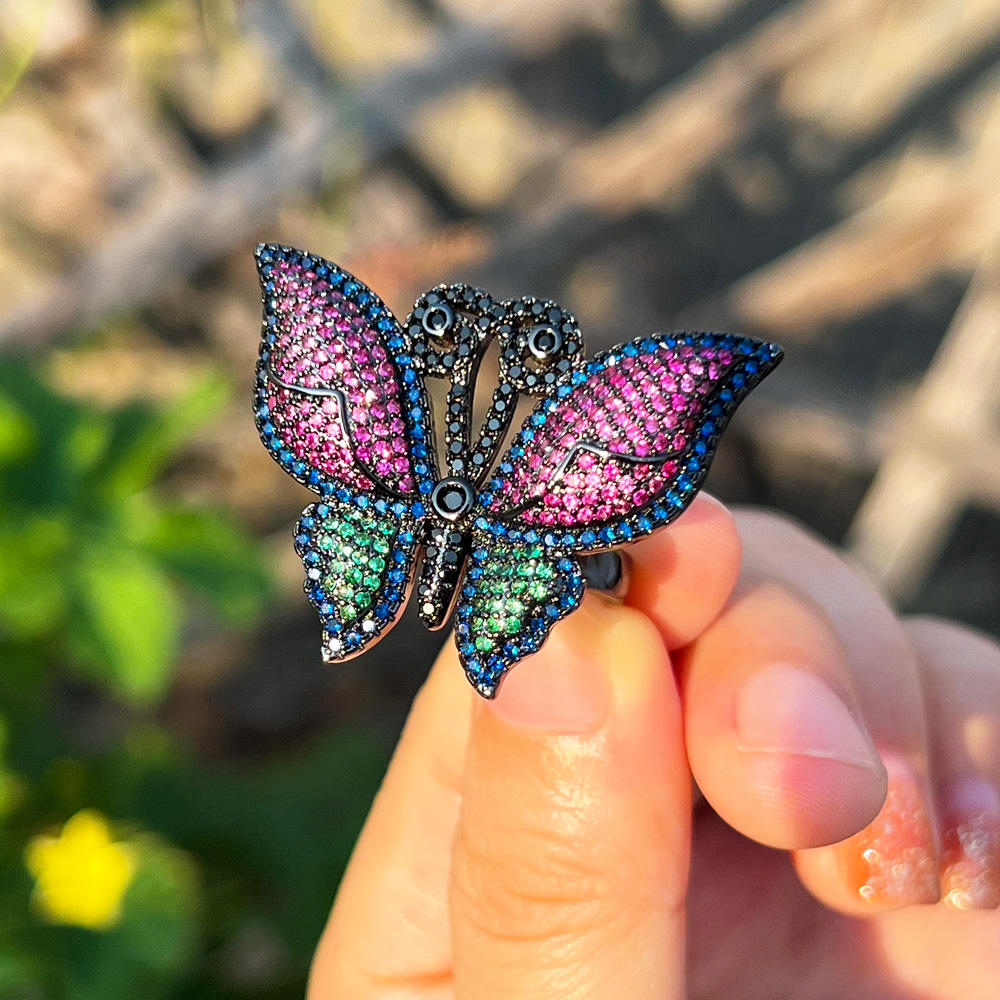 Adjustable red & green cubic zircon butterfly style big size ring for girls