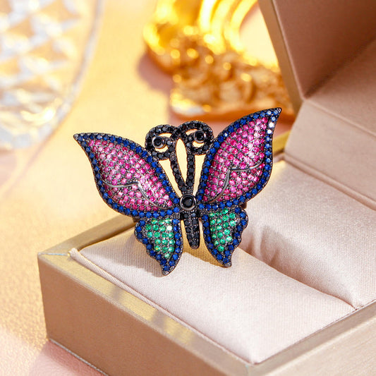 Adjustable red & green cubic zircon butterfly style big size ring for girls