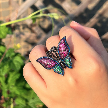 Adjustable red & green cubic zircon butterfly style big size ring for girls