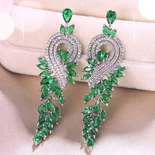 Fancy green crystal rhinestone long drop earring for women