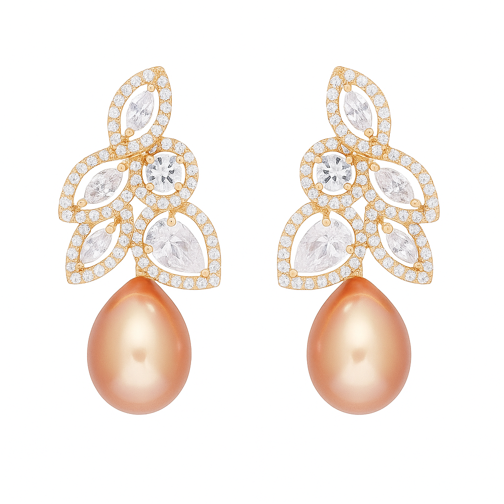 Gold plated cubic zirconia leaf drop style with gold pearl stud earring for girls