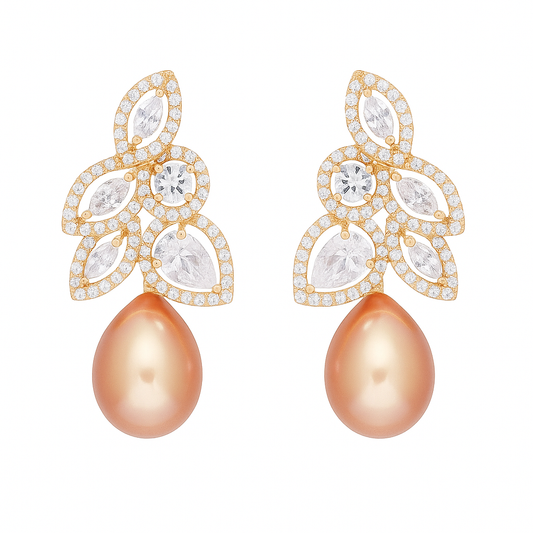 Gold plated cubic zirconia leaf drop style with gold pearl stud earring for girls