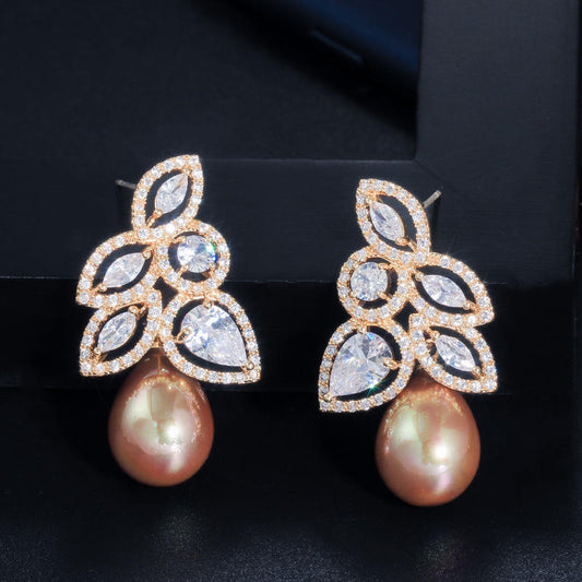 Gold plated cubic zirconia leaf drop style with gold pearl stud earring for girls