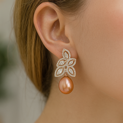 Gold plated cubic zirconia leaf drop style with gold pearl stud earring for girls