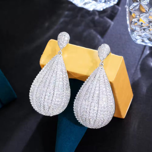 Shiny Full Cubic Zirconia Pave White Color  Long Dangle earring