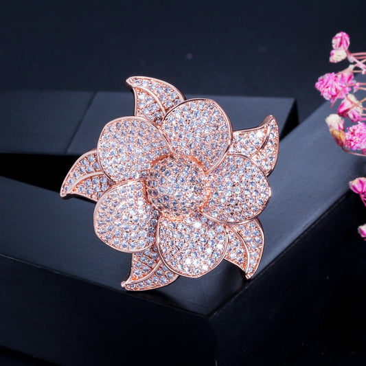 Rose gold flower style cubic diamonds big finger ring for girls