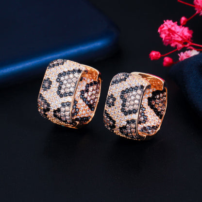 Gold plated Double Sided Square Cubic Zircon Leopard Hoop Earrings for Women