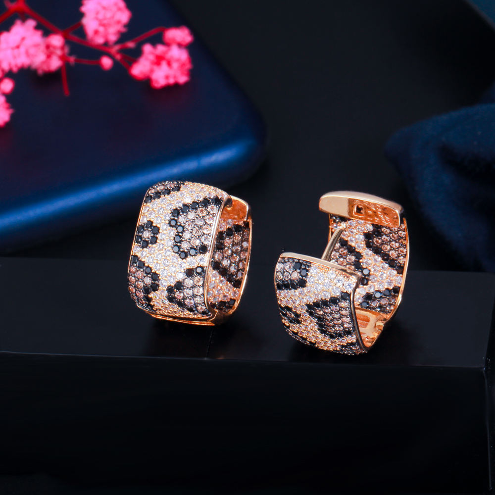 Gold plated Double Sided Square Cubic Zircon Leopard Hoop Earrings for Women