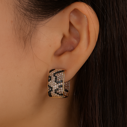Gold plated Double Sided Square Cubic Zircon Leopard Hoop Earrings for Women