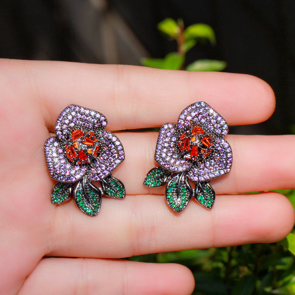 Beautiful big flower purple red cubic zirconia pave stud earring for girls