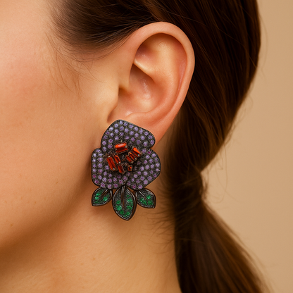 Beautiful big flower purple red cubic zirconia pave stud earring for girls