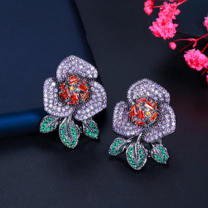 Beautiful big flower purple red cubic zirconia pave stud earring for girls