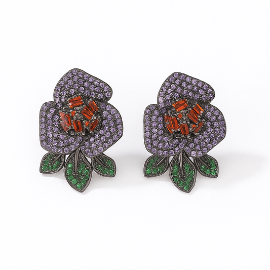Beautiful big flower purple red cubic zirconia pave stud earring for girls