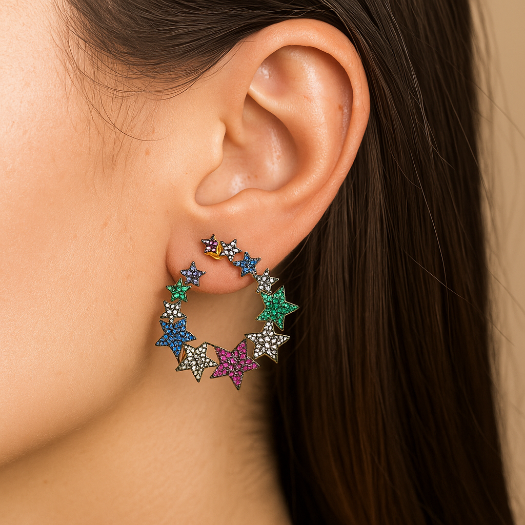 Gold plated round star shape rainbow cubic zirconia dangle earring for girls