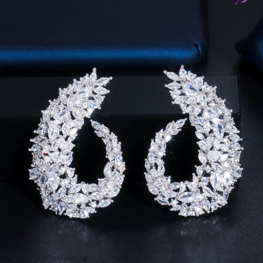 Sparkling cubic zirconia silver plated big flower drop earring for women