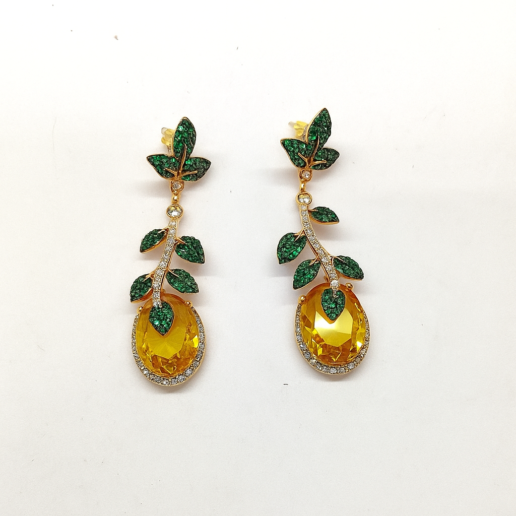 Fashionable green cubic zirconia leaf pendant large yellow crystal long dangle earring for girls