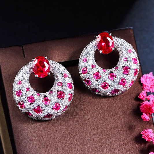 Shiny round shape micro pave cubic zirconia with red stone dangle earring for girls