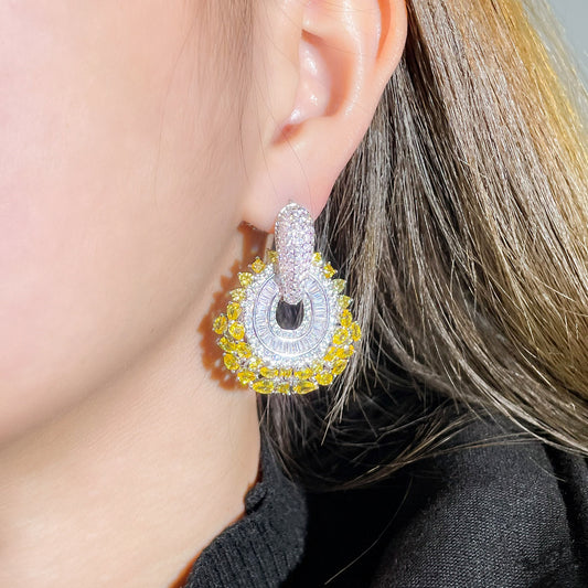 Sparkly Yellow Cubic Zircon Chunky Big Dangle Drop Huggie Earrings 